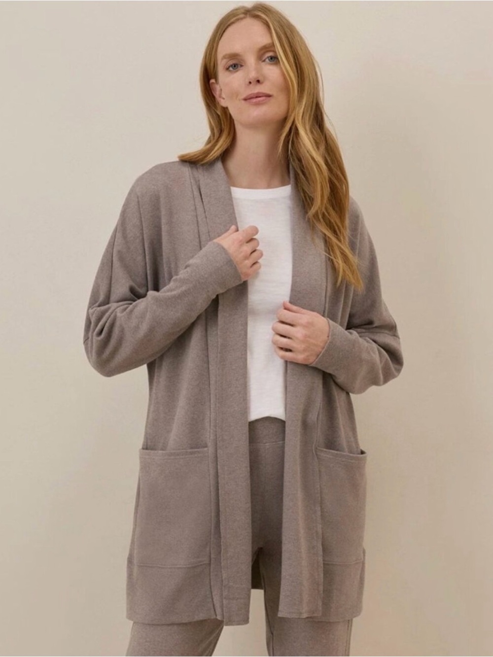 Pact Taupe Open-Front Long Cardigan